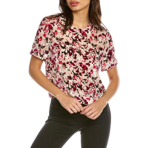 RAG & BONE • Gia Velvet Burnout Cropped Short Sleeve Silk-Blend Blouse Top S